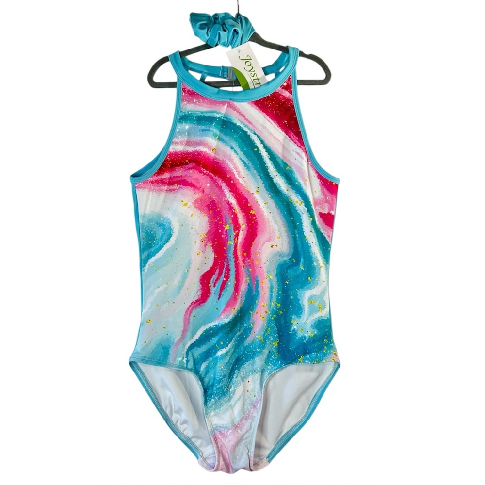 Leotard Girls 2XL (12-13Y) Sleeveless Joystream Pink Blue Gold w/scrunchie